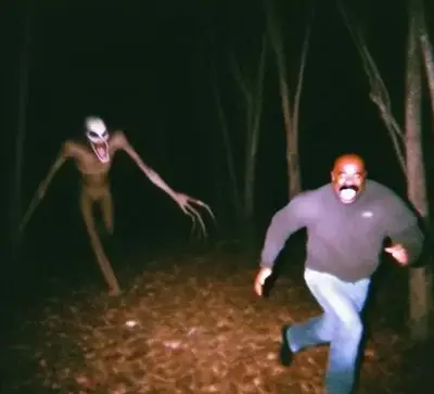 Steve Harvey being chased by a horror movie monster, as viewed by a trail camera